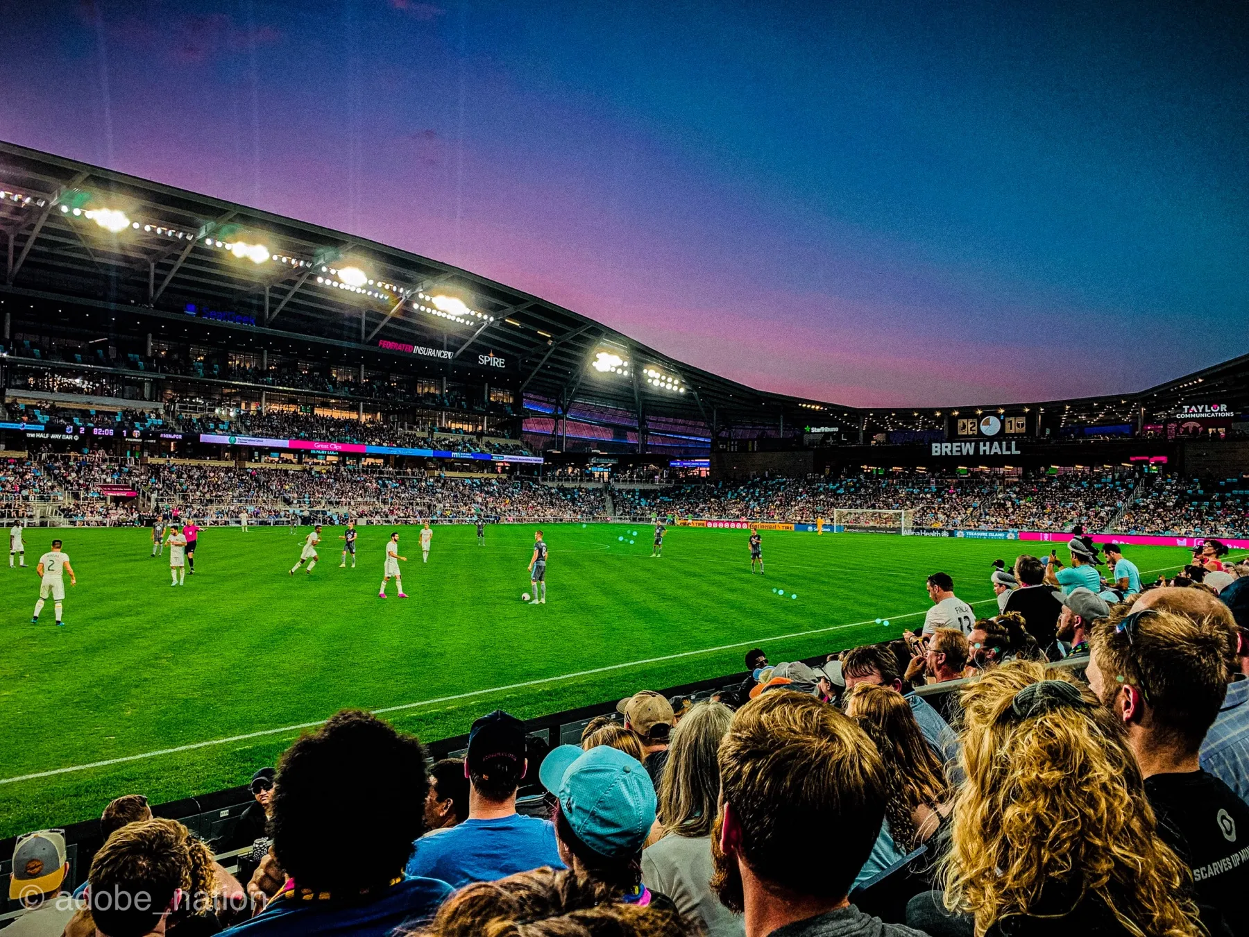 Minnesota United soccer stadium at dusk